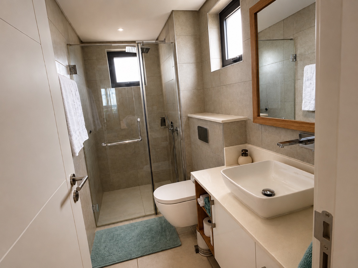 Modern en suite bathroom with a walk-in shower and quality toiletries