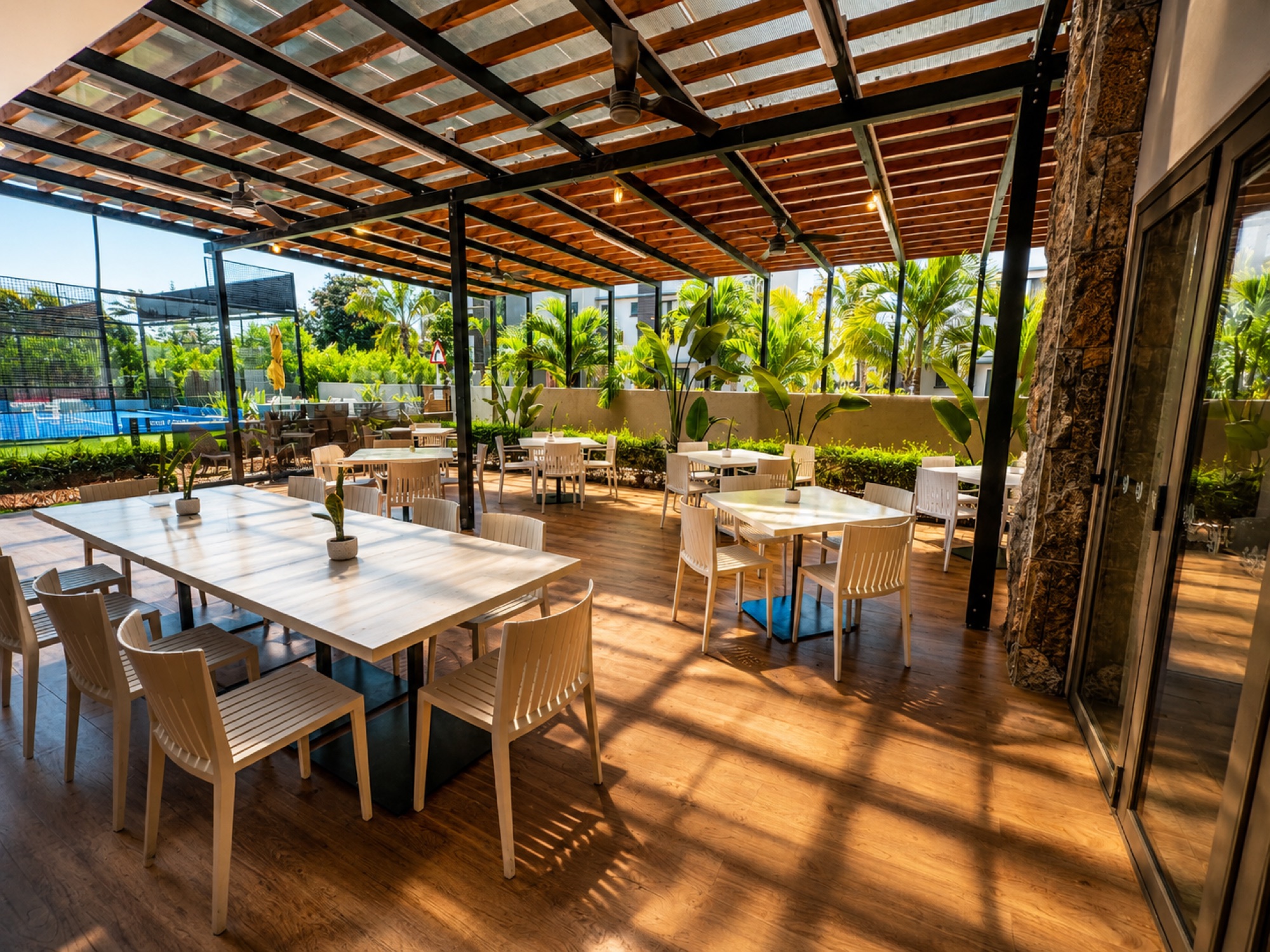 Restaurant patio terrace for post-workout refreshment